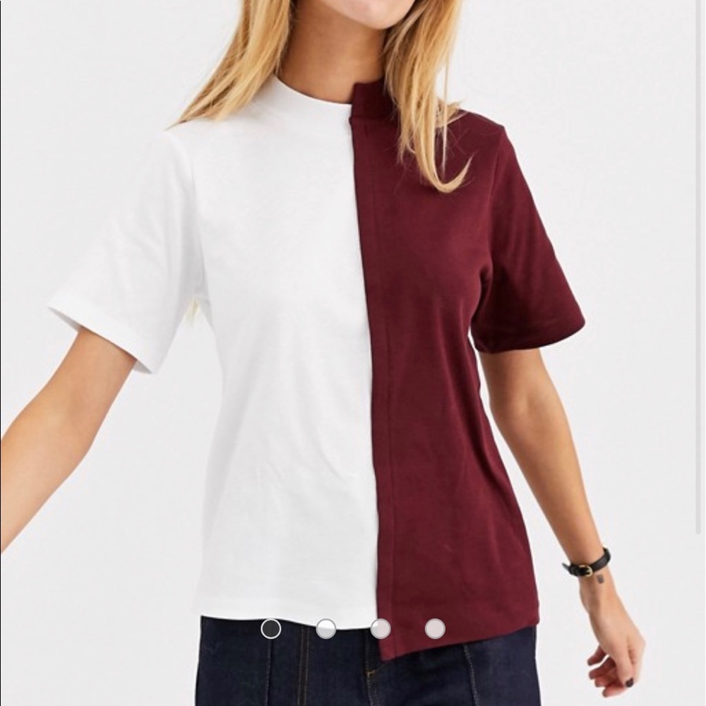 ASOS white and maroon color block high neck tee
